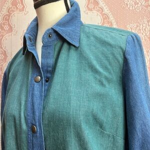 Colorblock Denim & Green Button Front Shirt | M